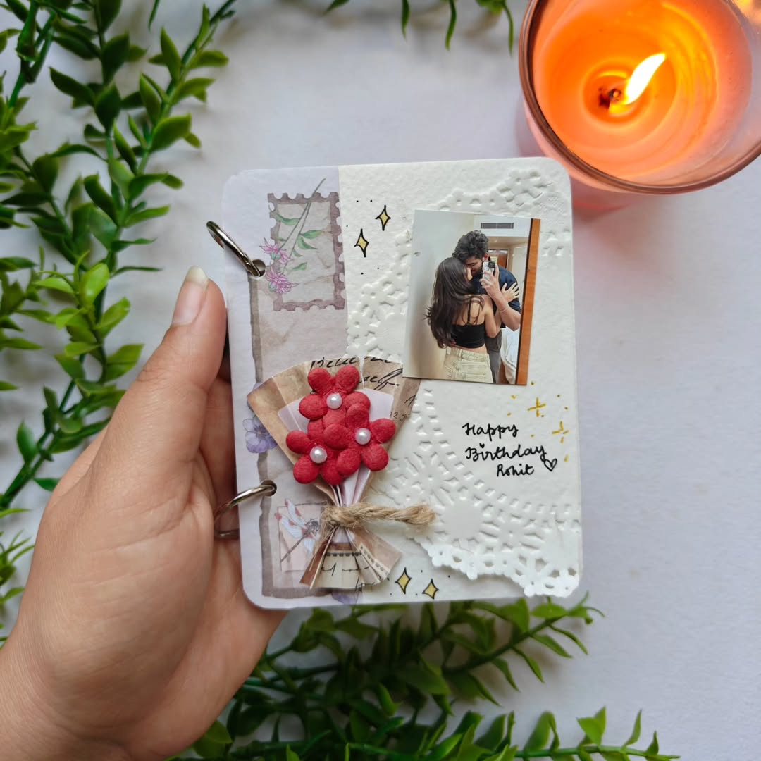 Handmade aesthetic birthday memory book with personalized photos and minimalist design.