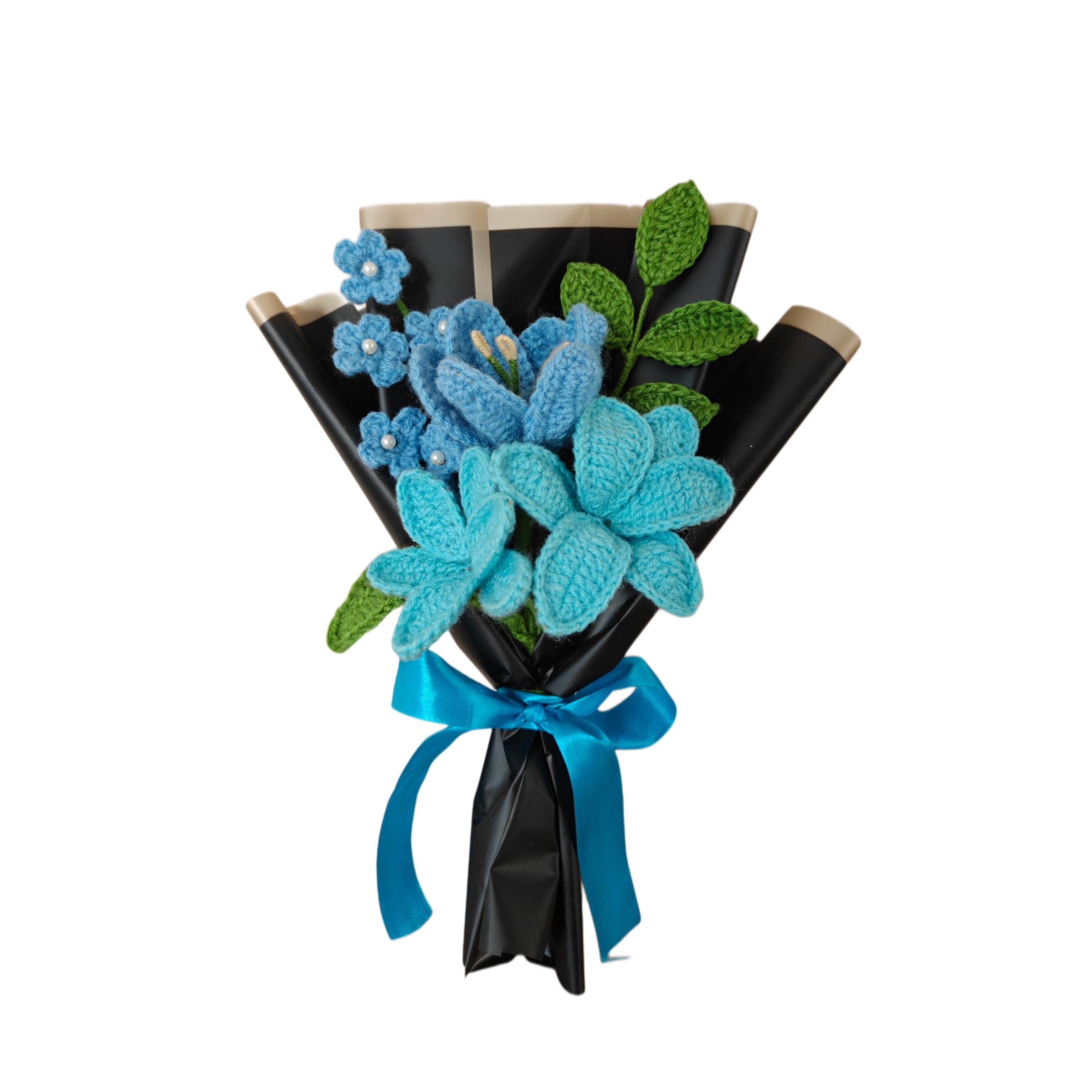 Handmade blue crochet flower bouquet with knitted lilies and daisies wrapped in premium craft paper.

