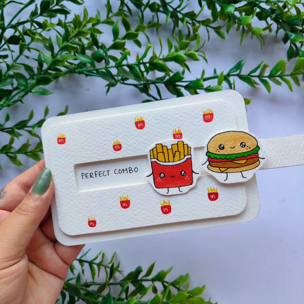 Handmade "Perfect Combo" slider card with cute illustrations for couples, created by Art Cart by Swati.