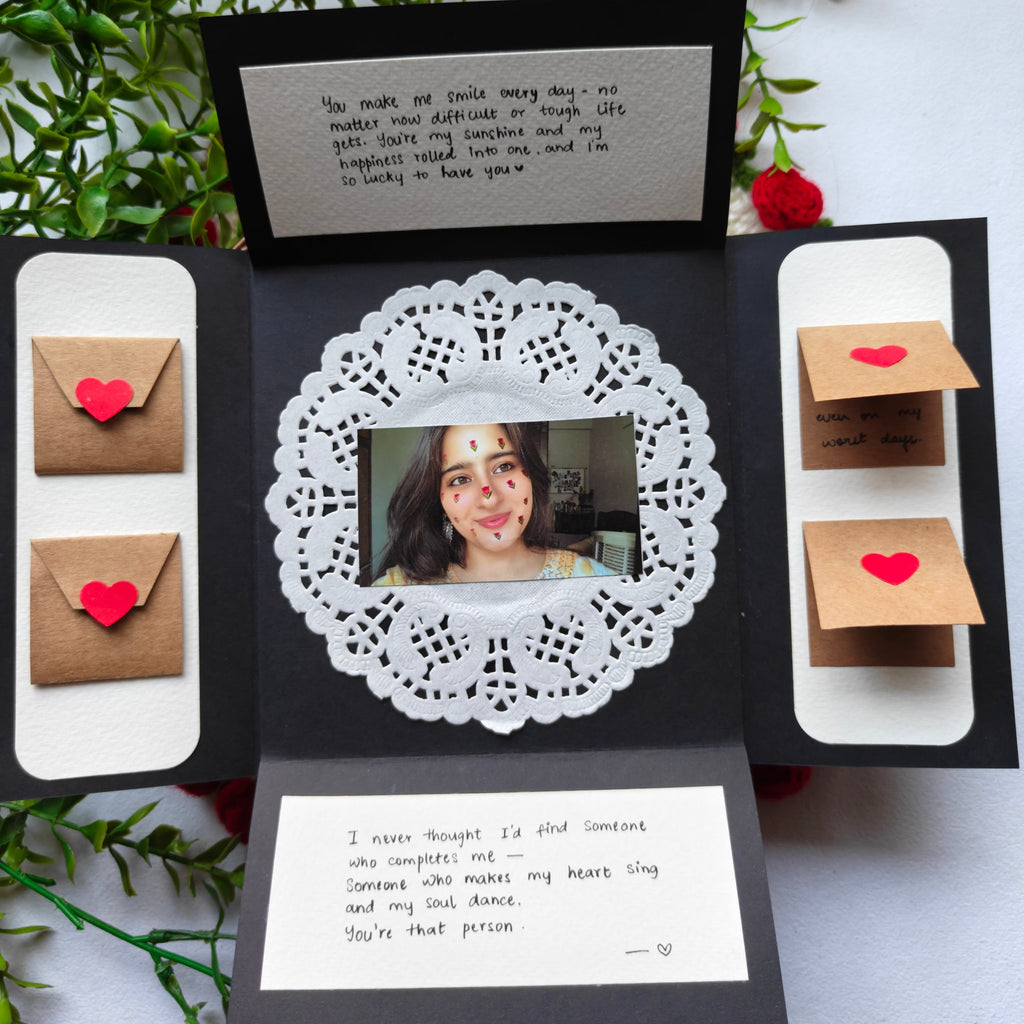 Inside layout of a personalized creative card showing slots for custom photos and handwritten romantic messages.