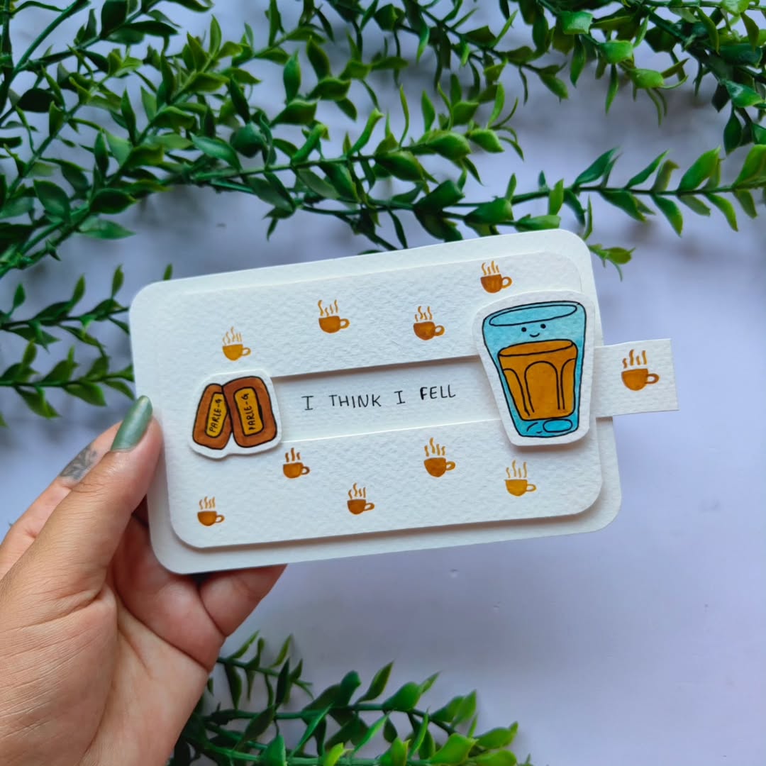 Handmade interactive slider card featuring a tea cup and Parle-G biscuit illustration on a white background.