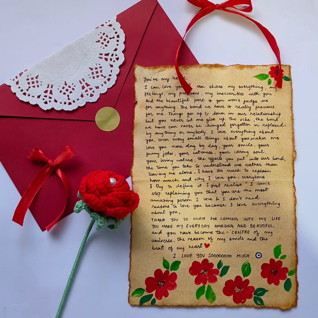 Handmade vintage aesthetic letter on aged parchment paper with burnt edges