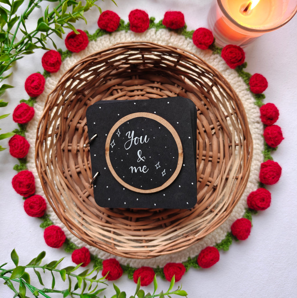 Handmade "You & Me" love book featuring a romantic red and white cover design for anniversaries and special occasions.