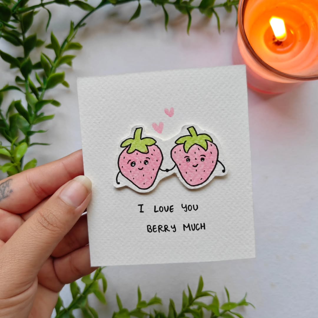 Handmade 3D pun card featuring hand-painted strawberry stickers with the text Love You Berry Much