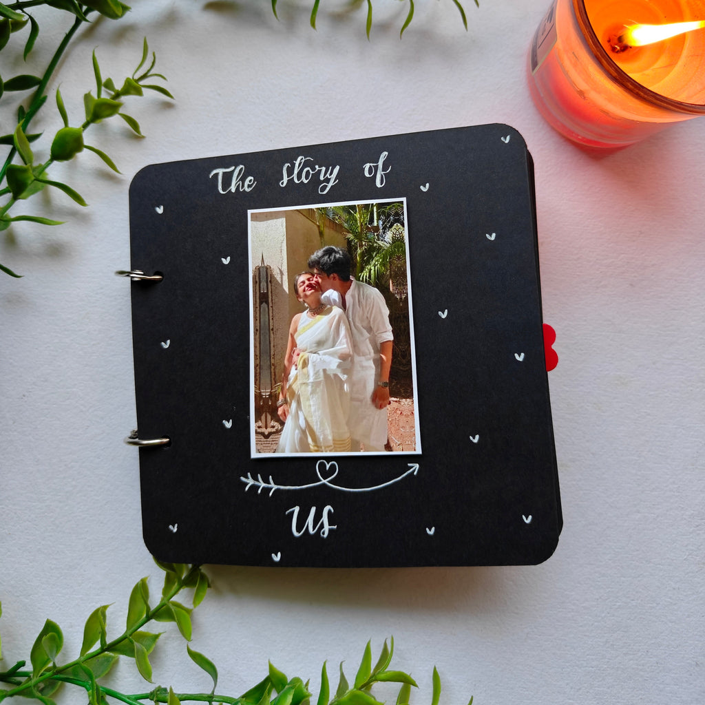 Front cover of the "Story of Us" handmade memory book with elegant craft detailing.