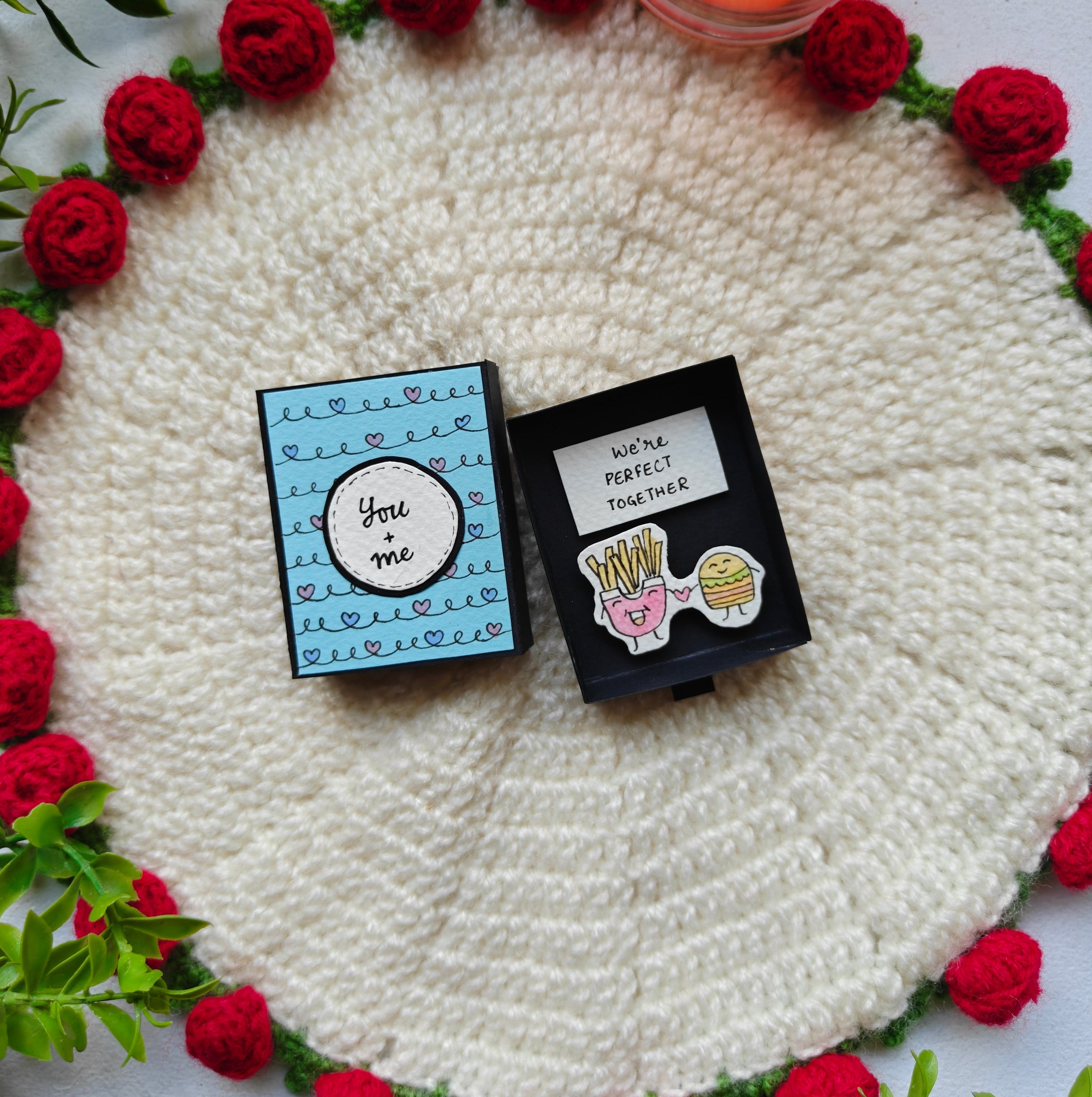 Handmade personalised matchbox gift with "You & Me" text on a white background, perfect for anniversary gifts.