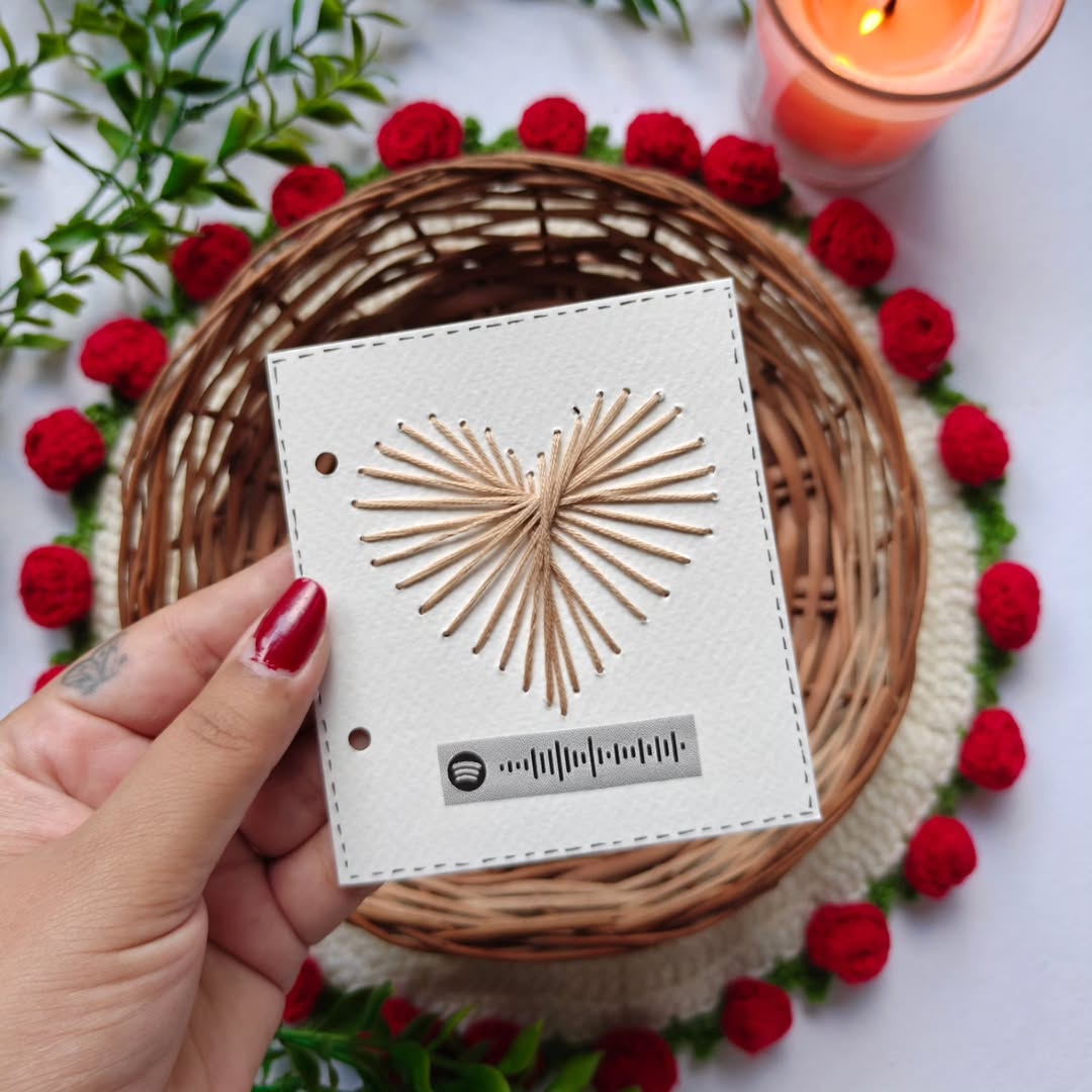 Hand-embroidered green heart thread art on premium white cardstock with a scannable Spotify music code.