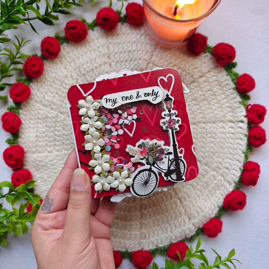 Handmade mini love theme book featuring a romantic red and white cover design on premium cardstock.