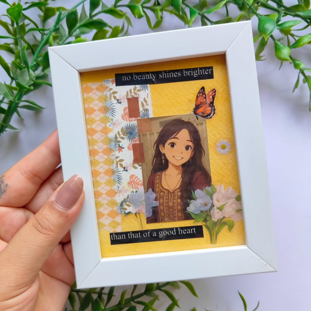 Customized handmade white photo frame with personalized photo and message by Art Cart by Swati