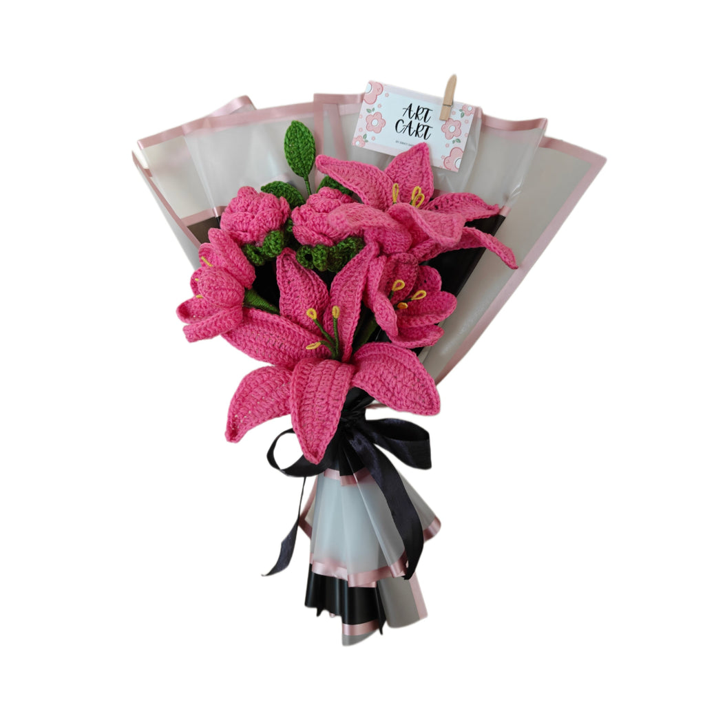 Pink crochet lily flower bouquet