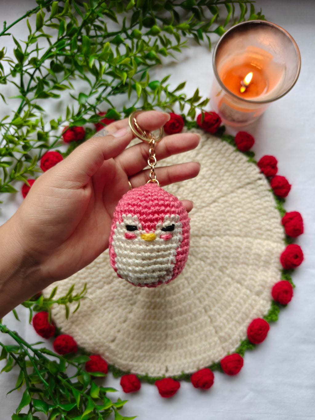 Handmade Crochet Penguin Keychain - Cute Amigurumi Bag Charm Pink
