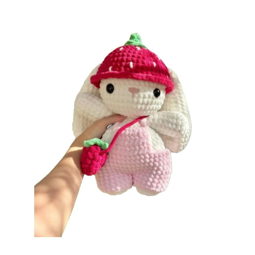 Cute strawberry-themed crochet rabbit plushie, perfect as a unique birthday gift or nursery decoration