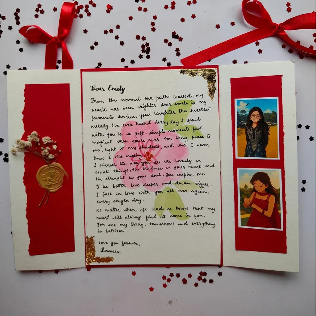 Hand-drawn red watercolour heart on a 300 GSM white creative card for personalized gifting.