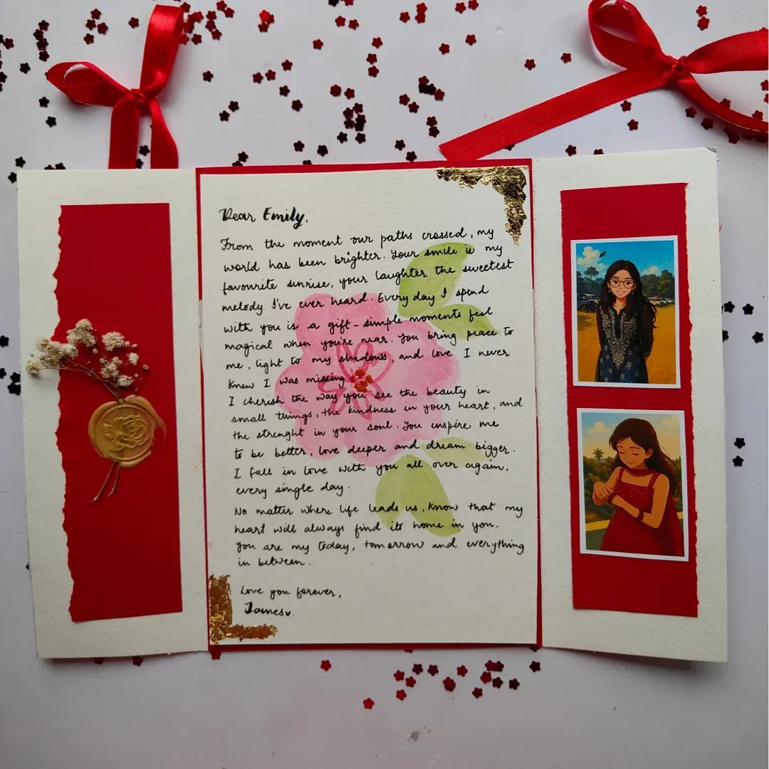 Hand-drawn red watercolour heart on a 300 GSM white creative card for personalized gifting.